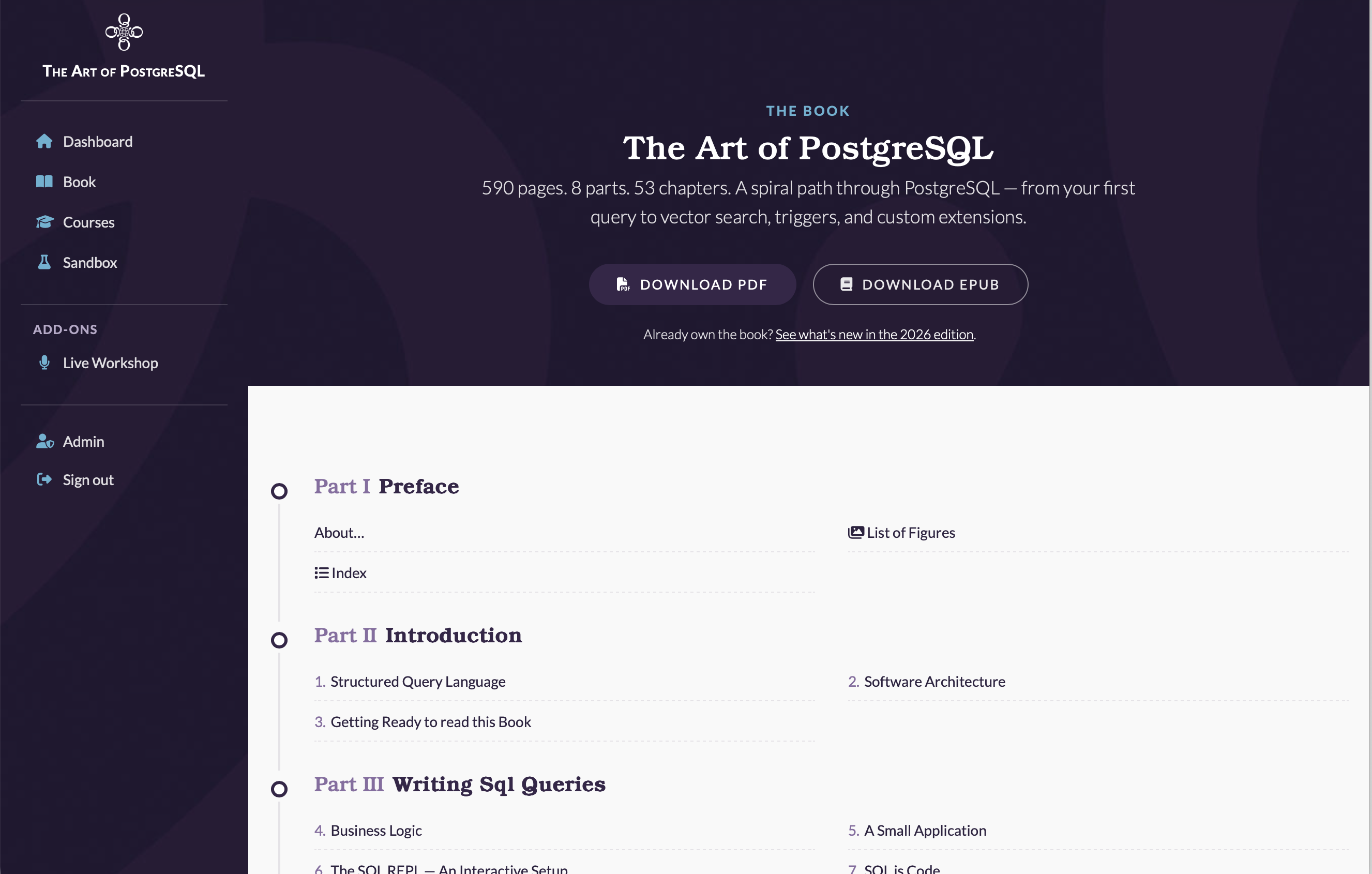 The companion app dashboard showing the book overview and table of contents