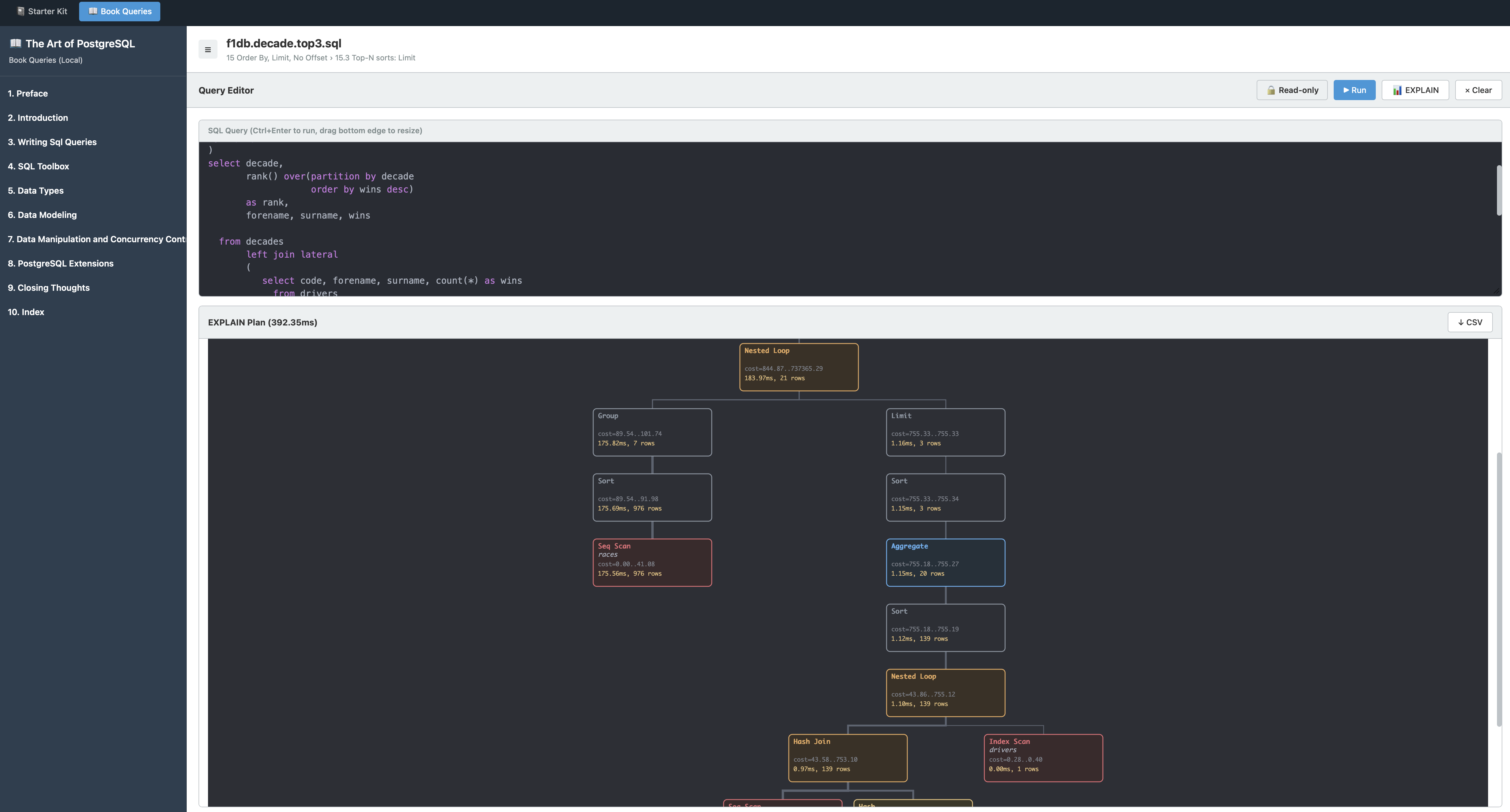 The lab's query UI showing a SQL query and its EXPLAIN plan side by side